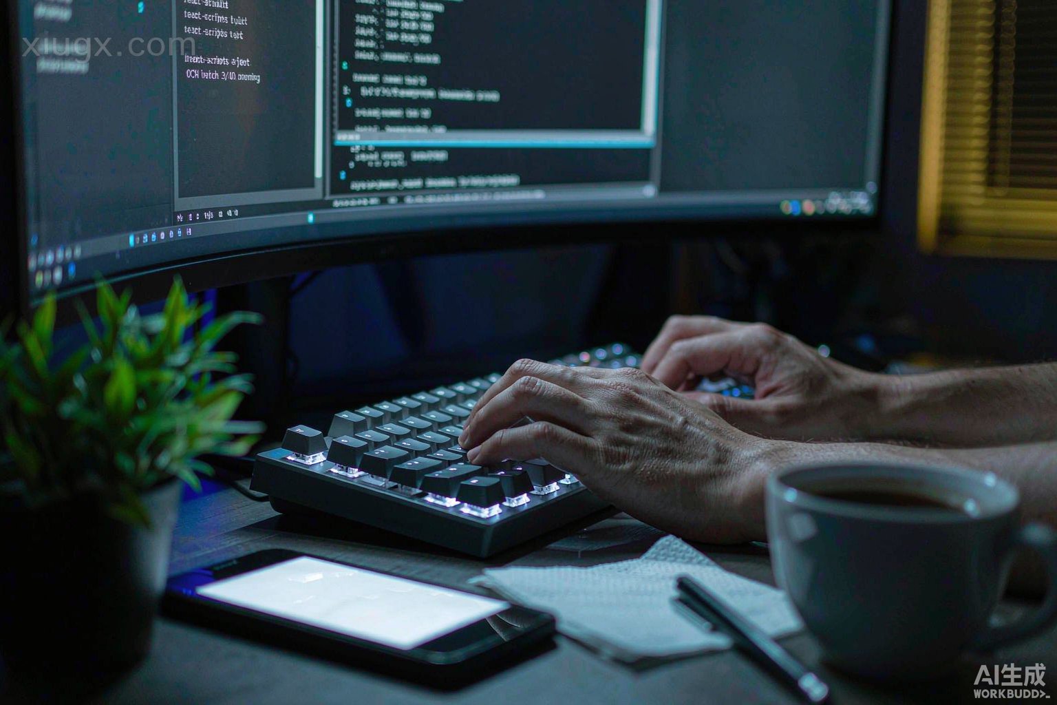 A developer integrating the PaddleOCR API at a night-time workstation