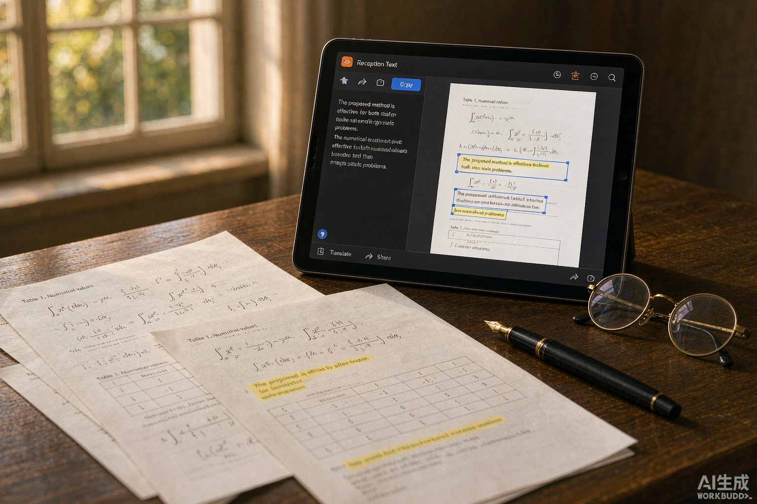 Overhead view of a researcher's desk with papers and a tablet showing PaddleOCR text recognition