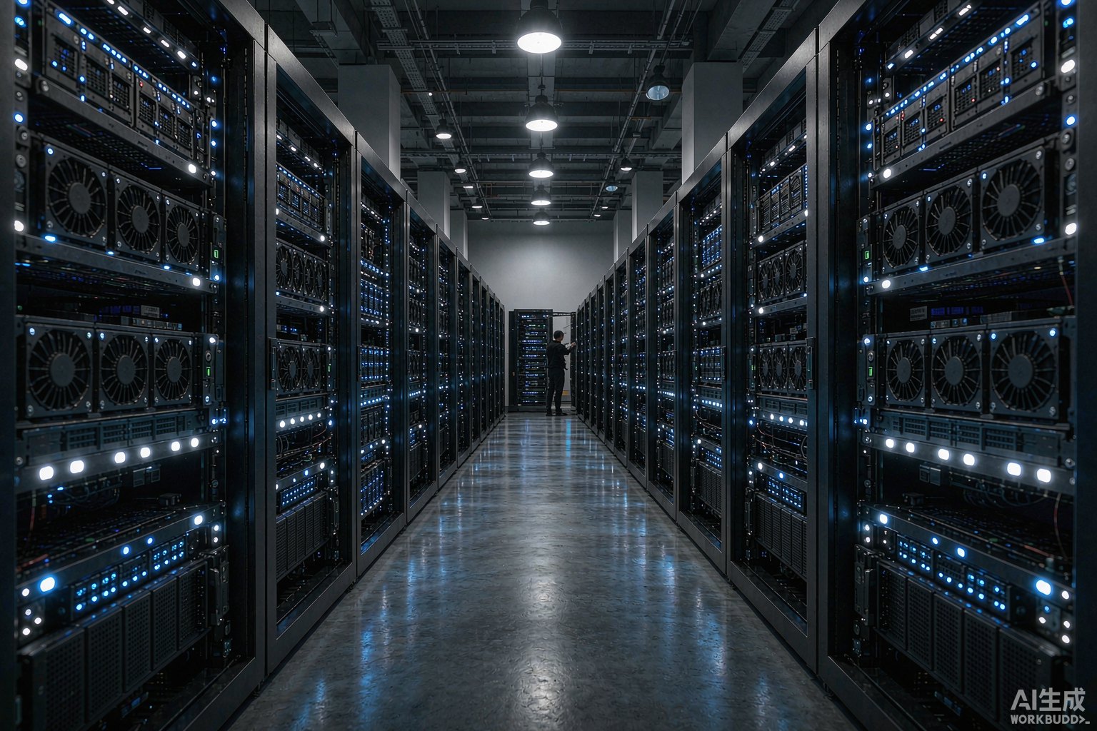 A symmetric GPU server aisle with blue LEDs in an on-premise data center