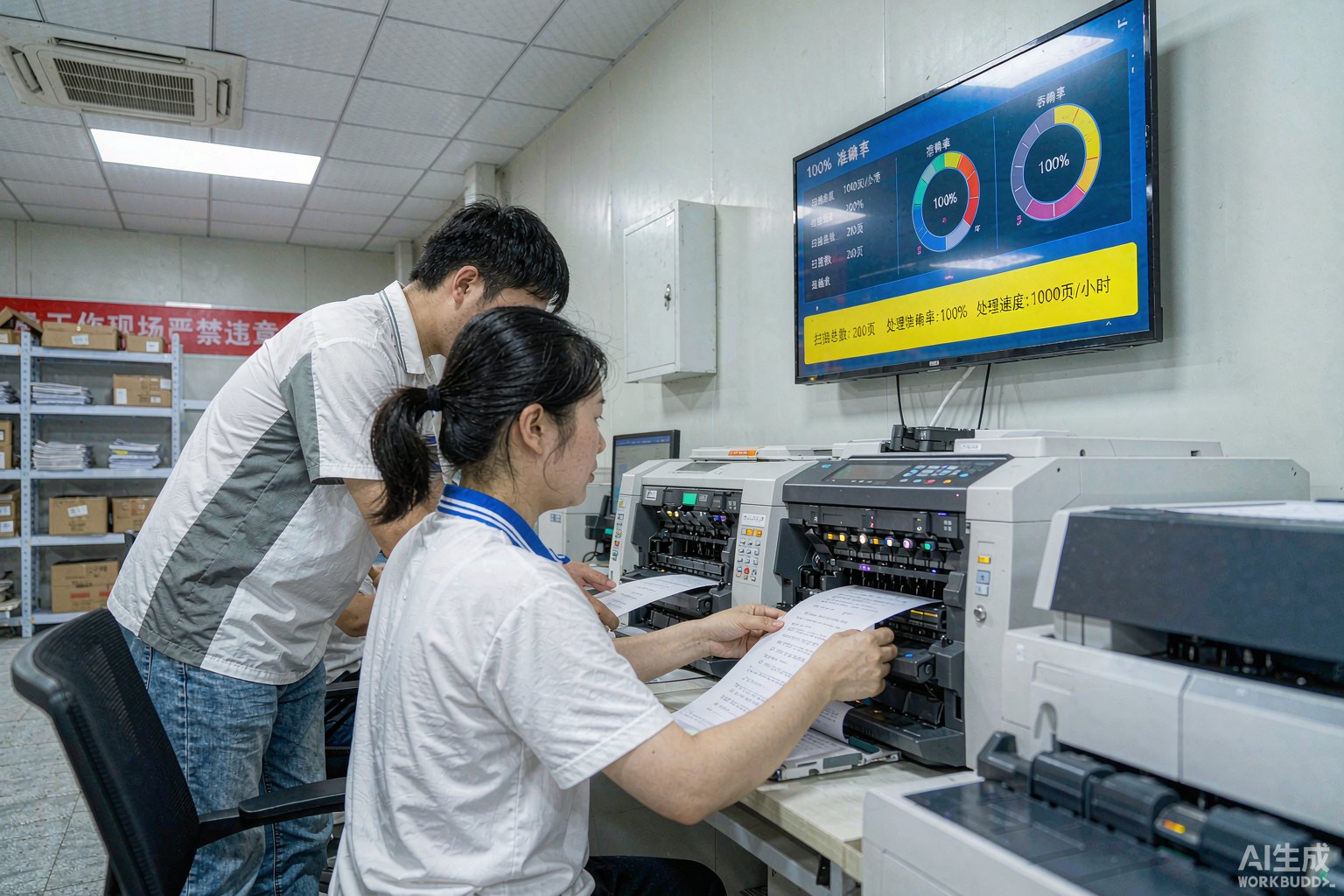 Operations staff scanning invoices while a wall monitor shows PaddleOCR extraction metrics